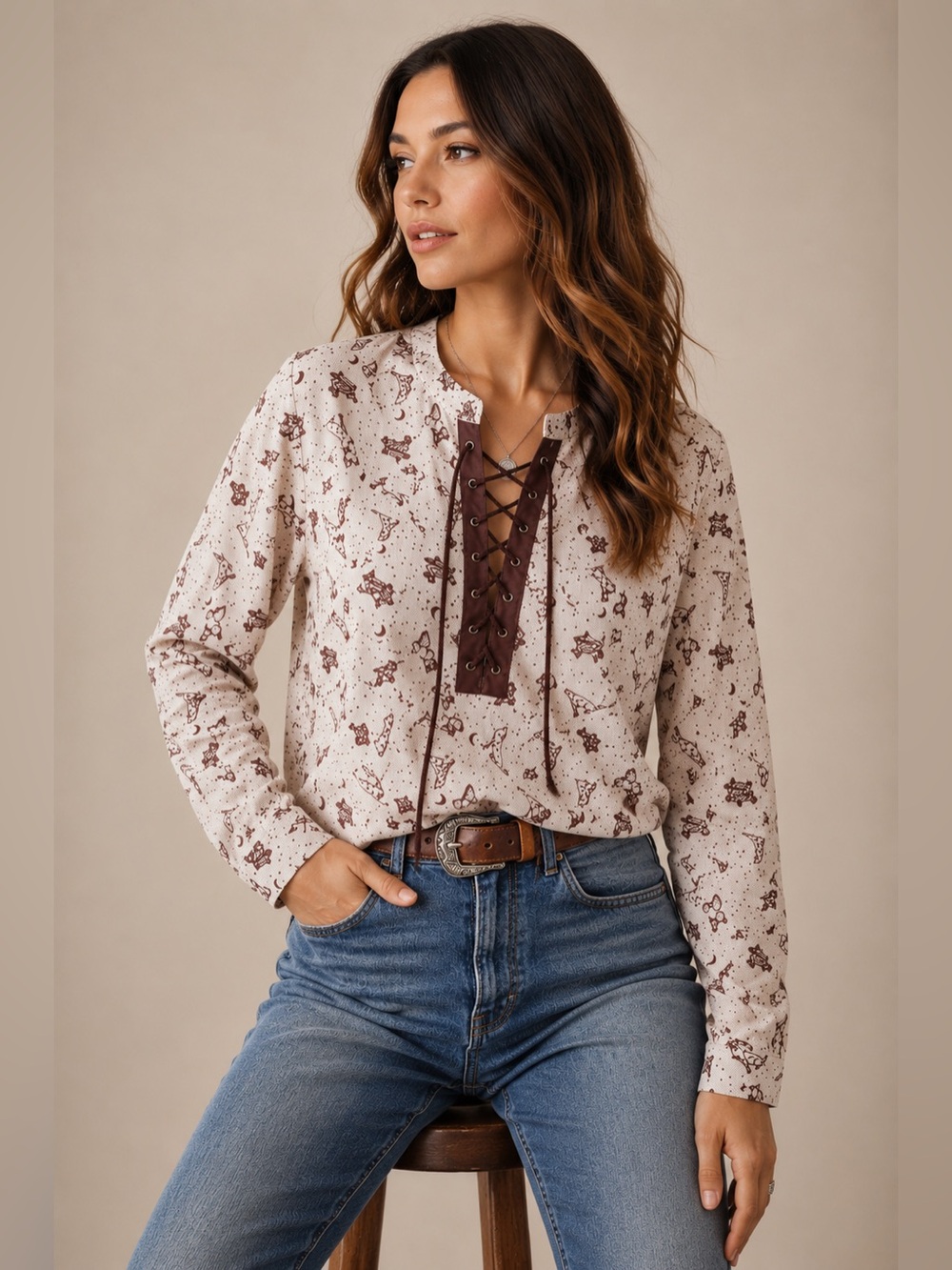 NWT Cruel Denim Western Lace Up Horse Print Blouse Cream Burgundy Large Boho